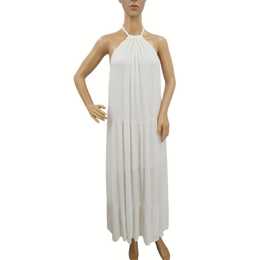 Francescas White Maxi Dress Sz M Tier Halter Open Back Lined Charlotte Avery NEW